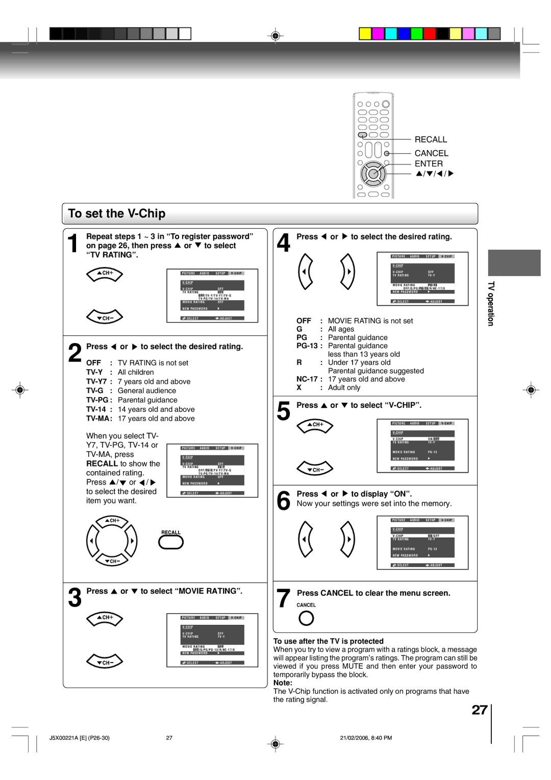 Toshiba 15DLV76 owner manual To set the V-Chip, Tv-Y, Tv-G, Tv-Ma 