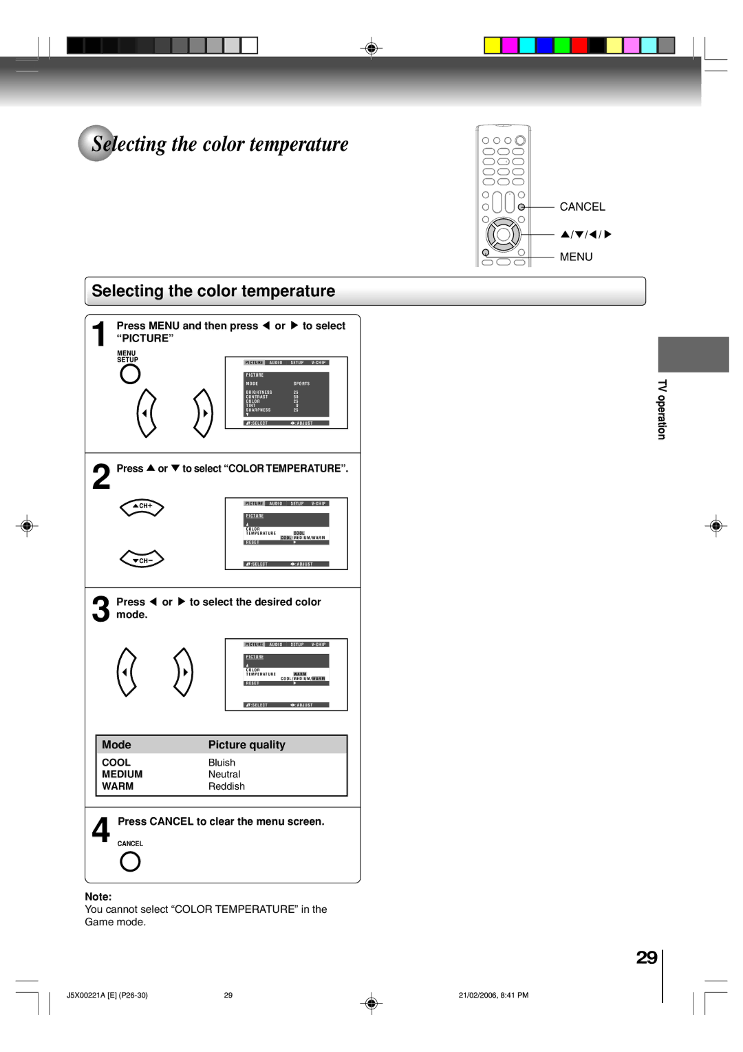 Toshiba 15DLV76 owner manual Selecting the color temperature, Press or to select Color Temperature 