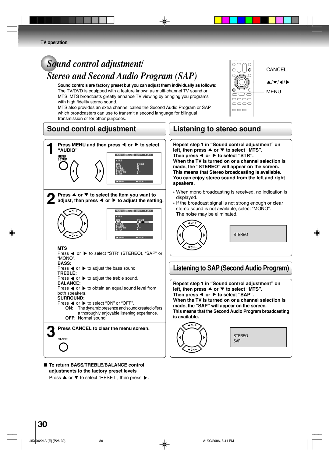 Toshiba 15DLV76 owner manual Sound control adjustment, Listening to stereo sound, Listening to SAP Second Audio Program 