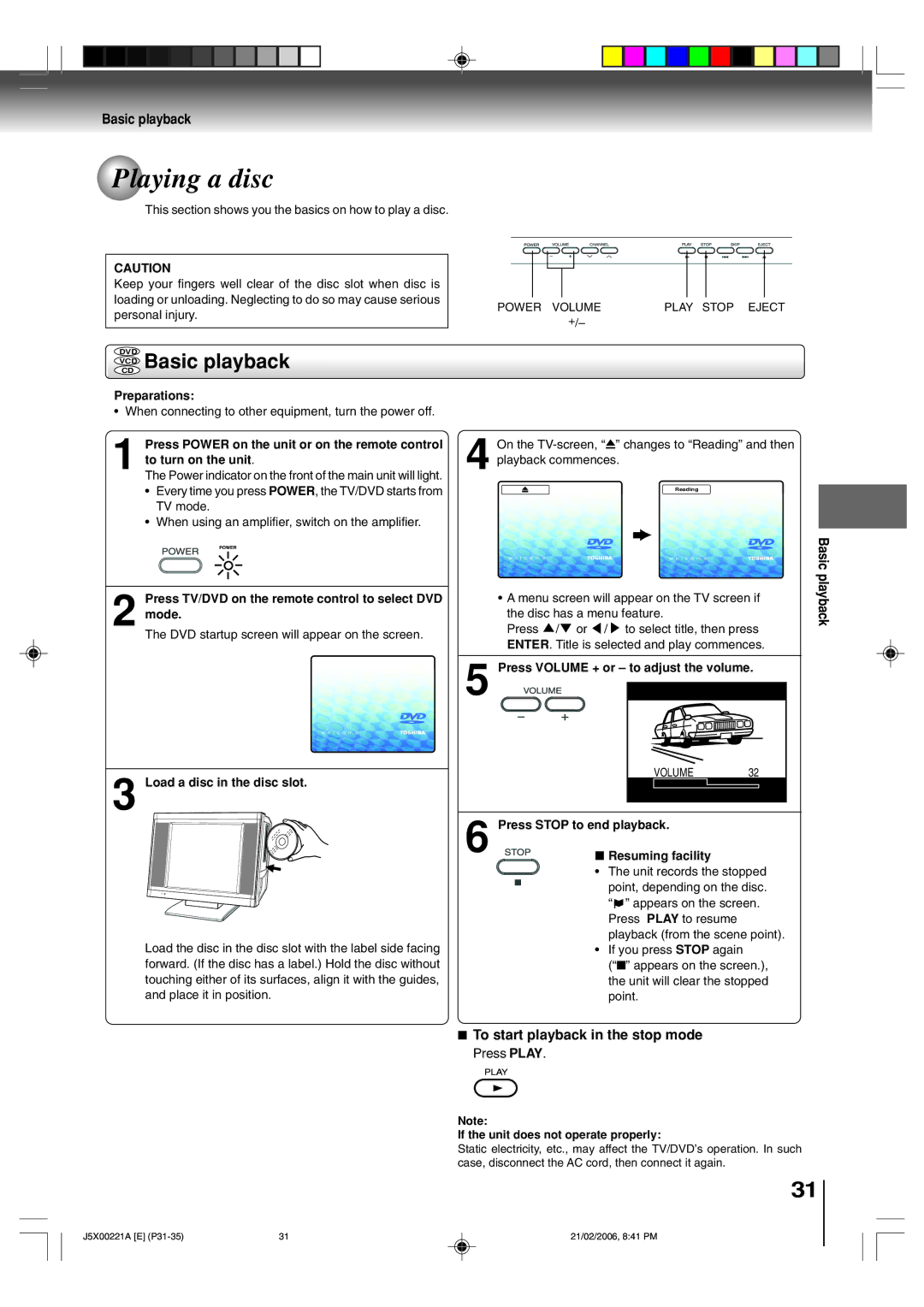 Toshiba 15DLV76 owner manual Playing a disc, Vcdcd Basic playback, To start playback in the stop mode 