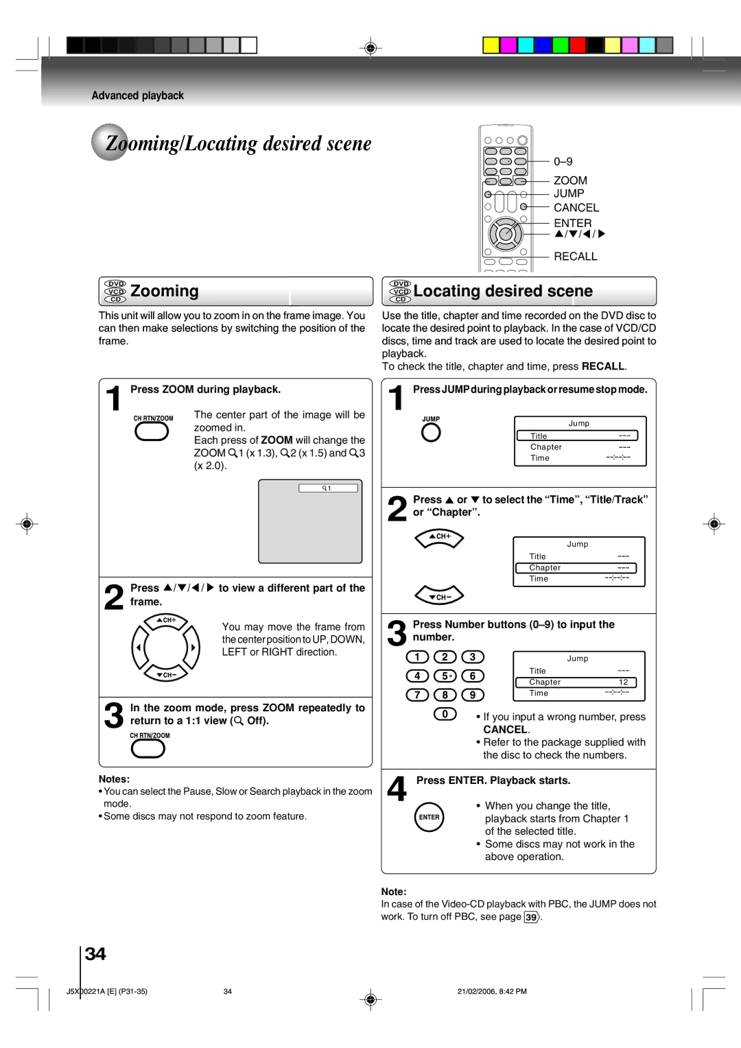 Toshiba 15DLV76 owner manual Zooming/Locating desired scene, Advanced playback, Recall 