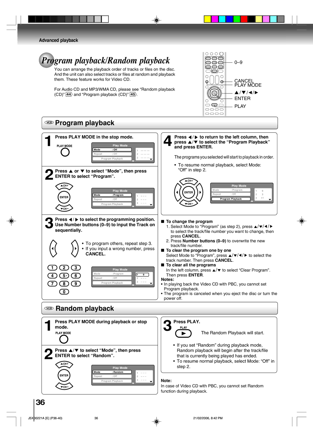 Toshiba 15DLV76 owner manual Program playback/Random playback, VCD Program playback, VCD Random playback 