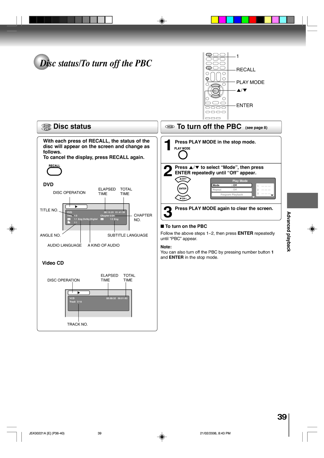 Toshiba 15DLV76 owner manual Dvdvcd Disc status, VCD To turn off the PBC see, Video CD, Press Play Mode in the stop mode 