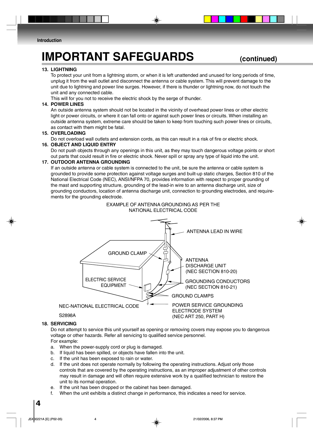 Toshiba 15DLV76 Lightning, Power Lines, Overloading, Object and Liquid Entry, Outdoor Antenna Grounding, Servicing 