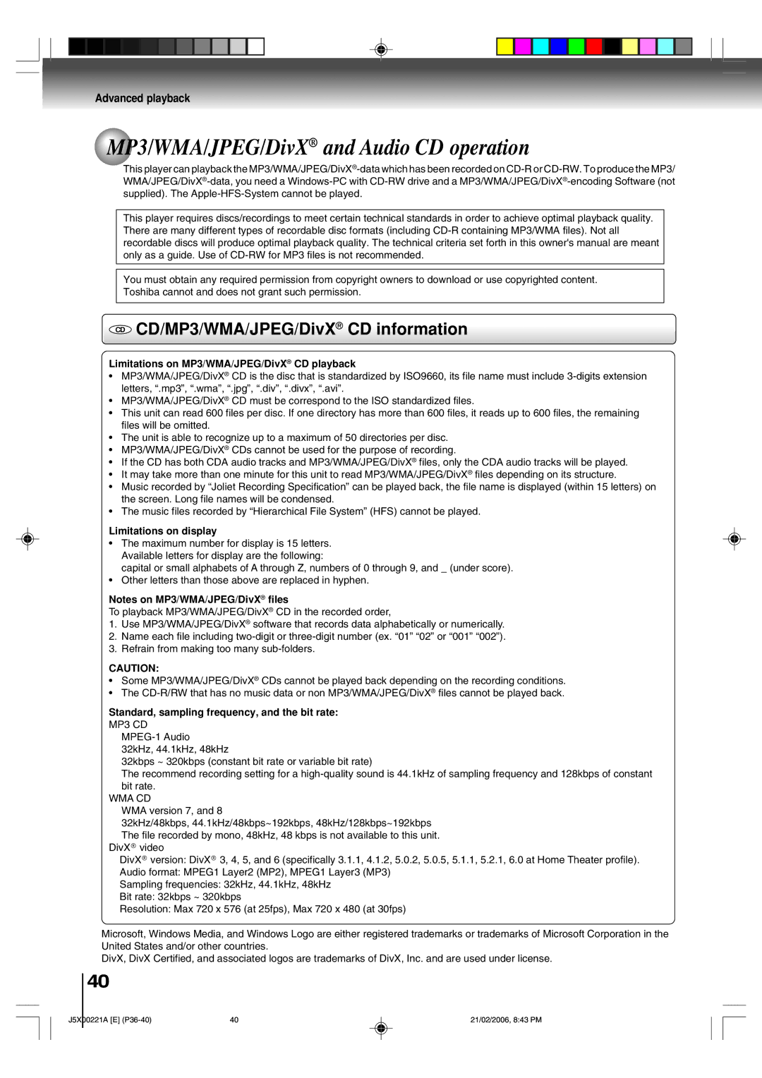 Toshiba 15DLV76 MP3/WMA/JPEG/DivX and Audio CD operation, CD CD/MP3/WMA/JPEG/DivX CD information, Limitations on display 