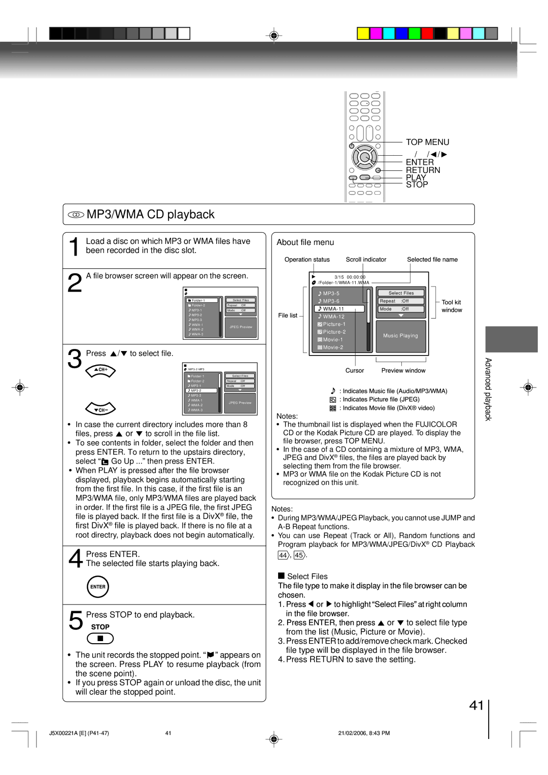 Toshiba 15DLV76 owner manual CD MP3/WMA CD playback, About file menu, 4Press Enter, 5Press Stop to end playback 