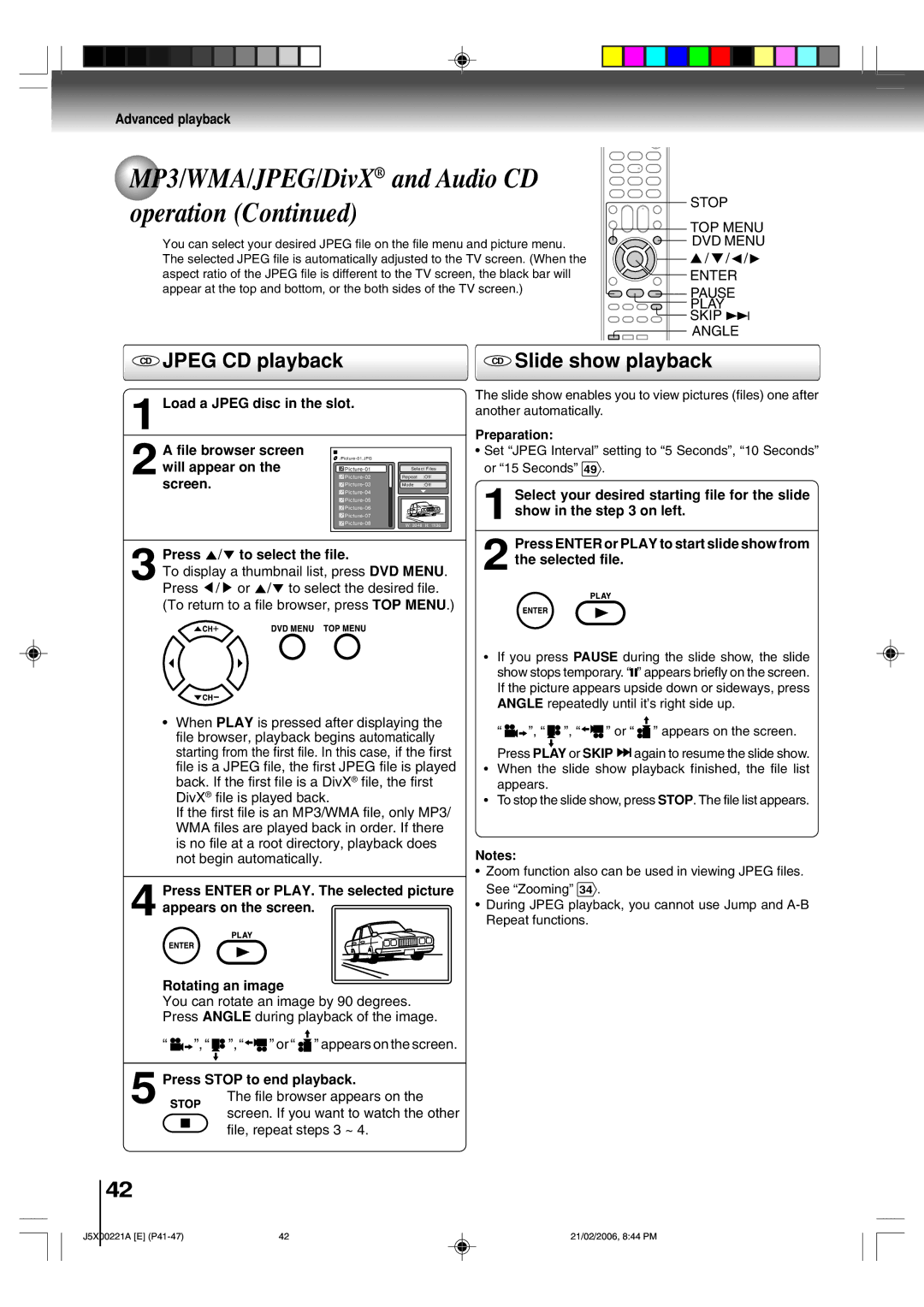 Toshiba 15DLV76 CD Jpeg CD playback CD Slide show playback, Load a Jpeg disc in the slot, Press Stop to end playback 