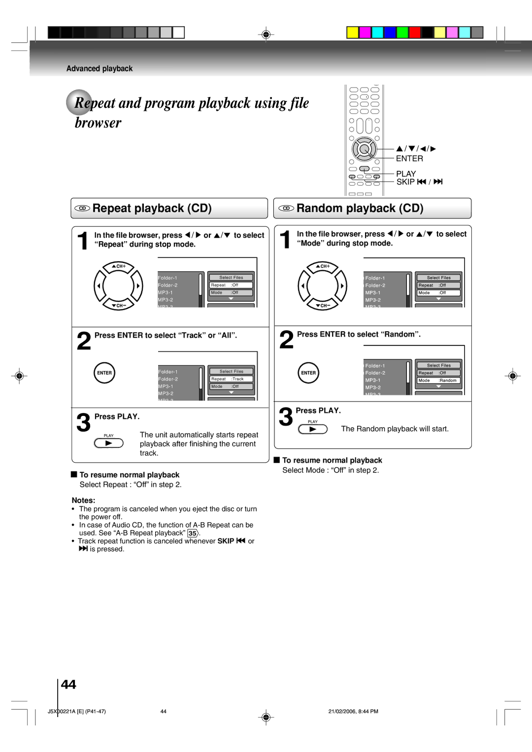 Toshiba 15DLV76 Repeat and program playback using file browser, CD Repeat playback CD CD Random playback CD, 3Press Play 