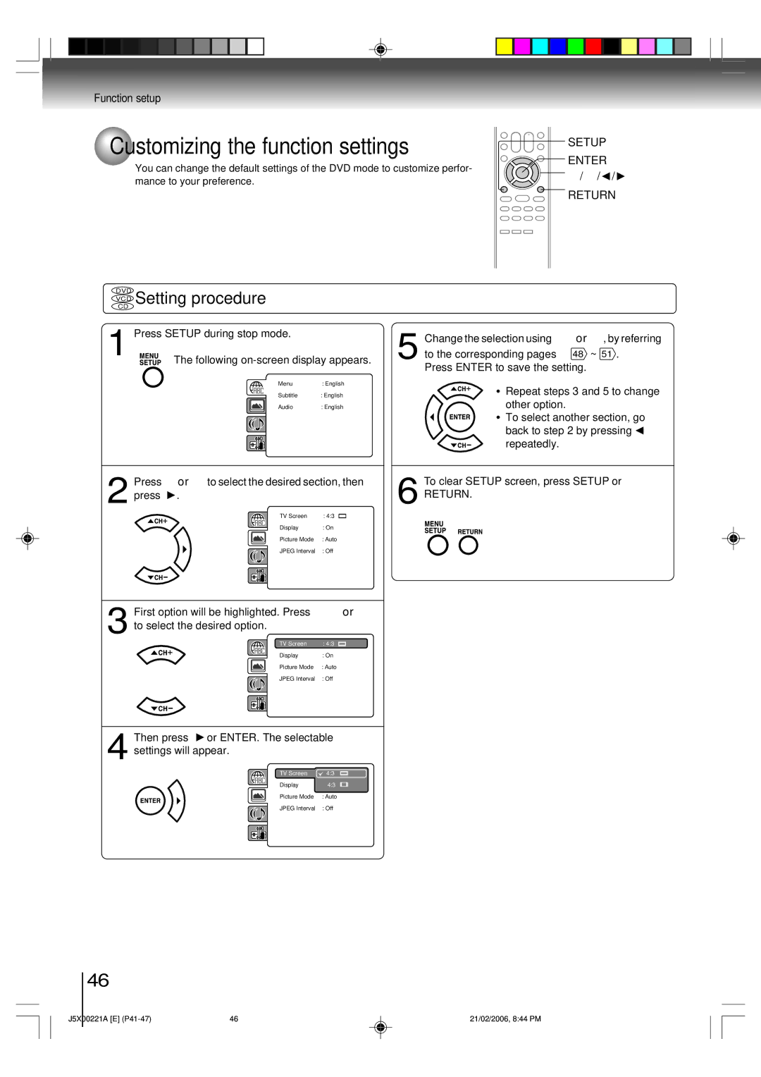 Toshiba 15DLV76 owner manual Customizing the function settings, VCD Setting procedure, Function setup, Return 