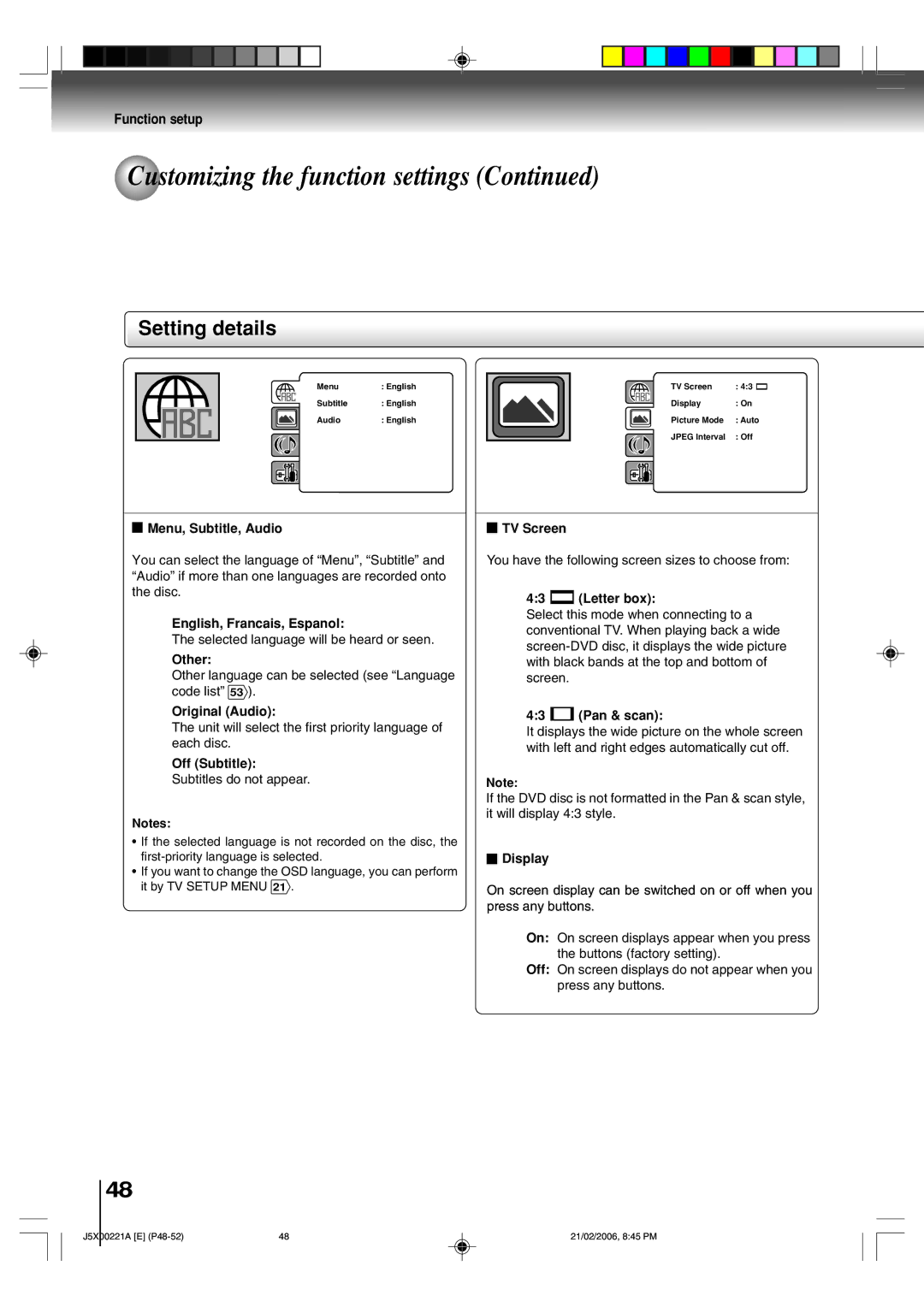 Toshiba 15DLV76 Menu, Subtitle, Audio, English, Francais, Espanol, Other, Original Audio, Off Subtitle, TV Screen, Display 