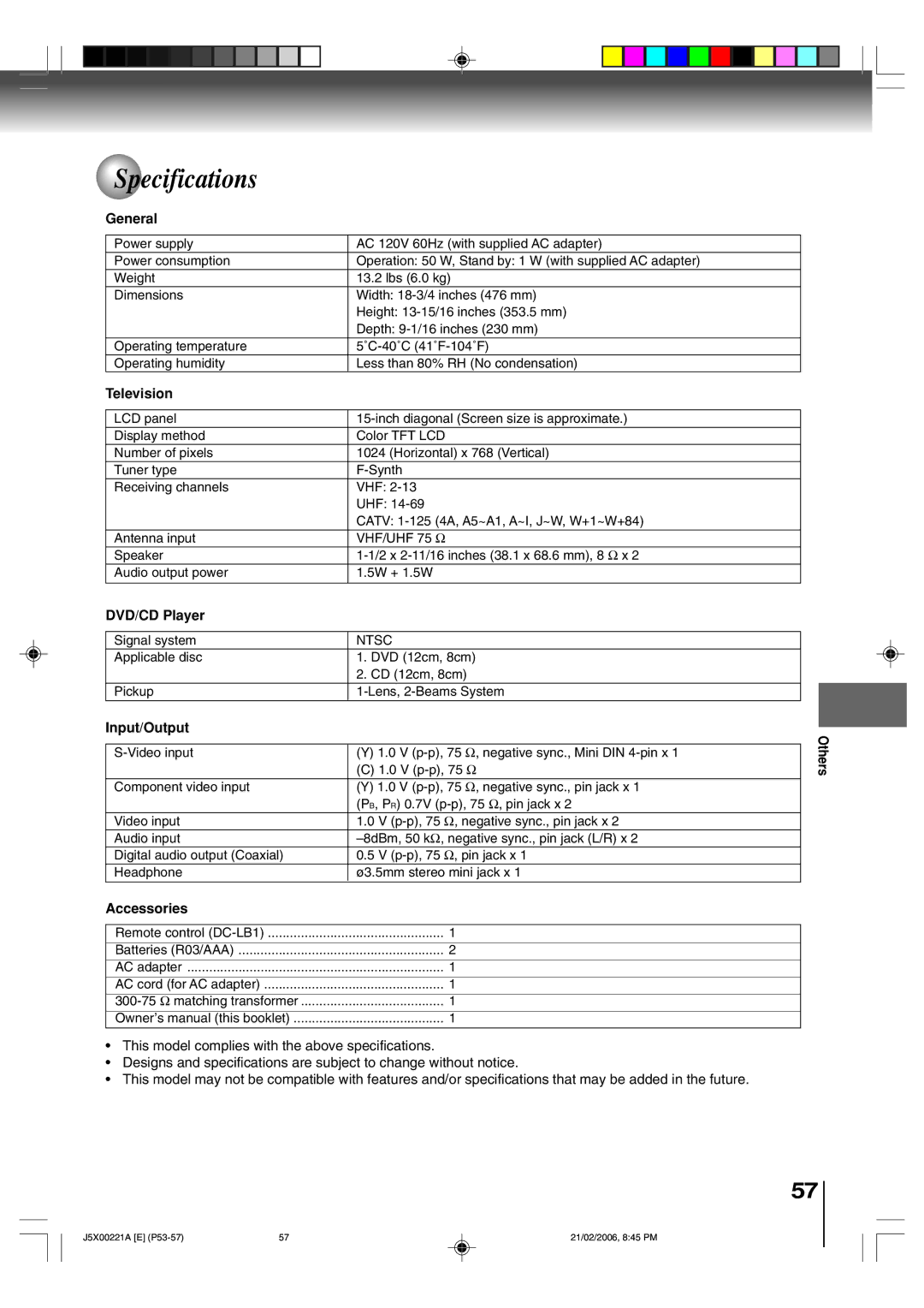 Toshiba 15DLV76 owner manual Specifications 