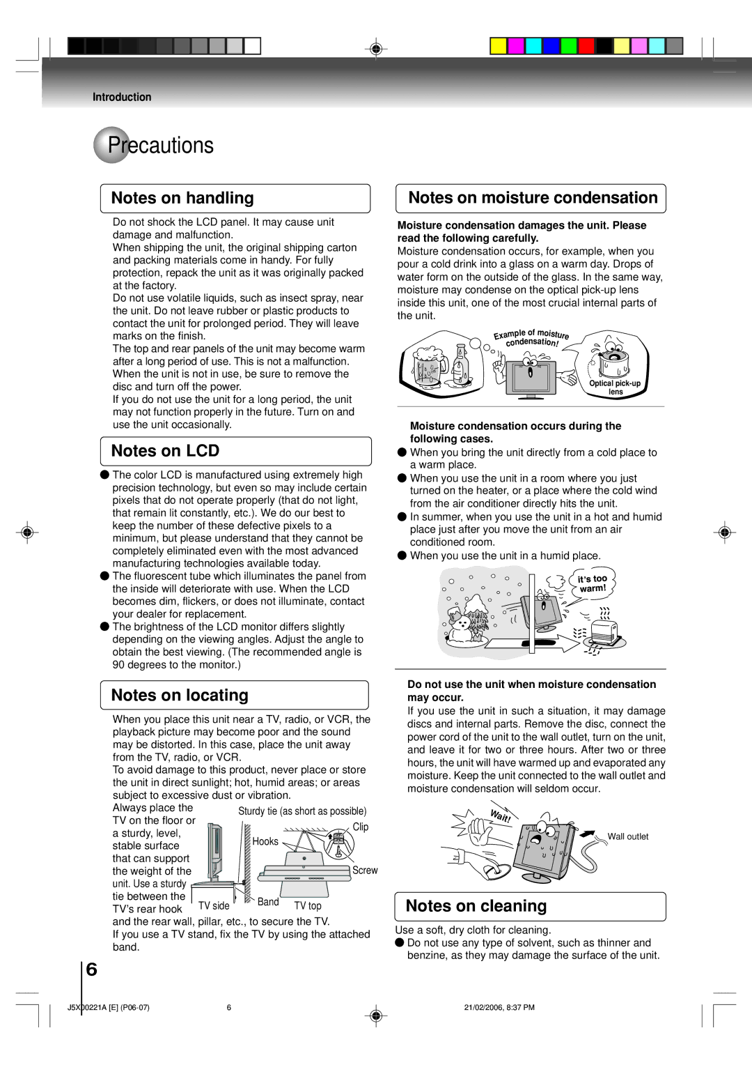 Toshiba 15DLV76 owner manual Precautions, Wait, Moisture condensation occurs during the following cases 