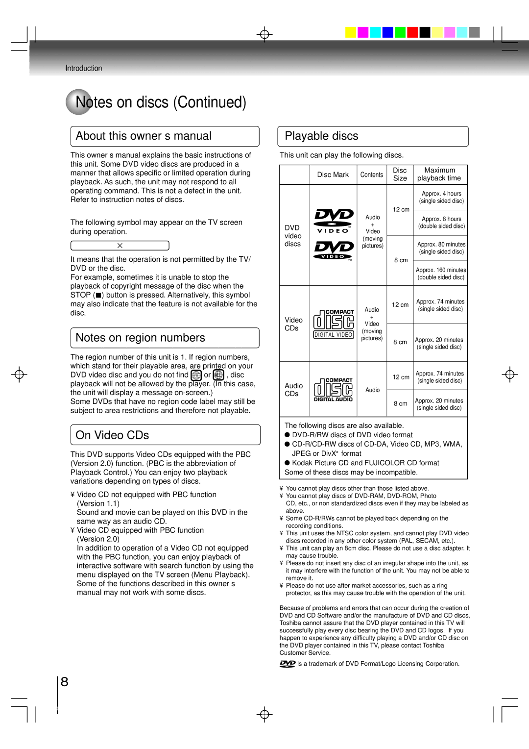 Toshiba 15DLV76 owner manual On Video CDs, Playable discs, Dvd 