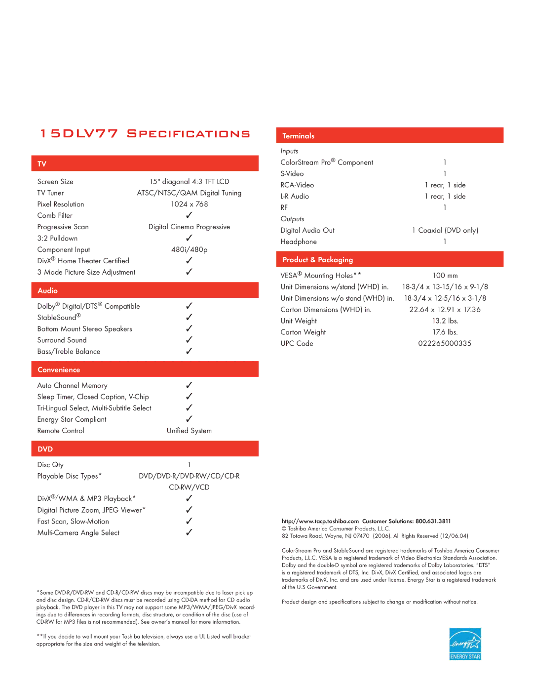 Toshiba manual 15DLV77 Specifications, Audio, Convenience, Terminals 