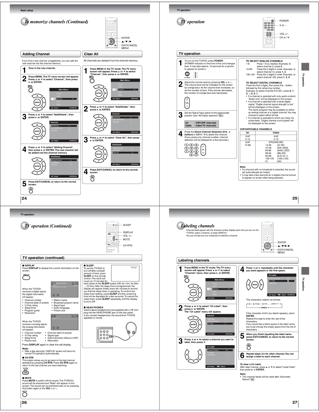 Toshiba 15LV505 service manual TV operation, Labeling channels, Adding Channel, Clear All 