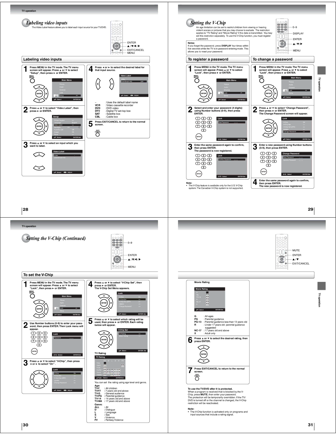 Toshiba 15LV505 service manual Labeling video inputs, Setting the V-Chip 