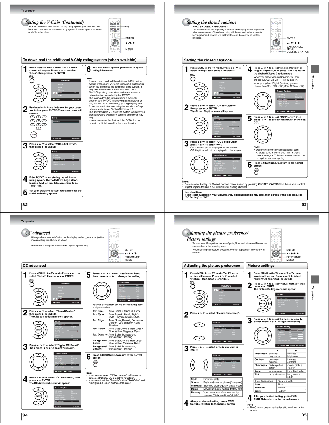 Toshiba 15LV505 service manual Setting the closed captions, CC advanced, Adjusting the picture preference Picture settings 