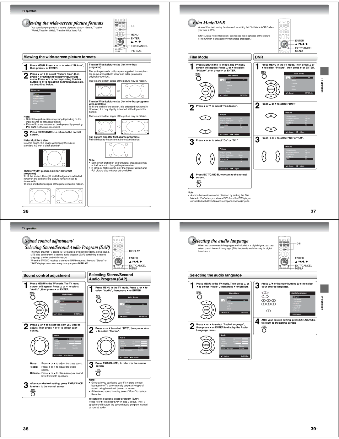 Toshiba 15LV505 service manual Viewing the wide-screen picture formats Film Mode/DNR 