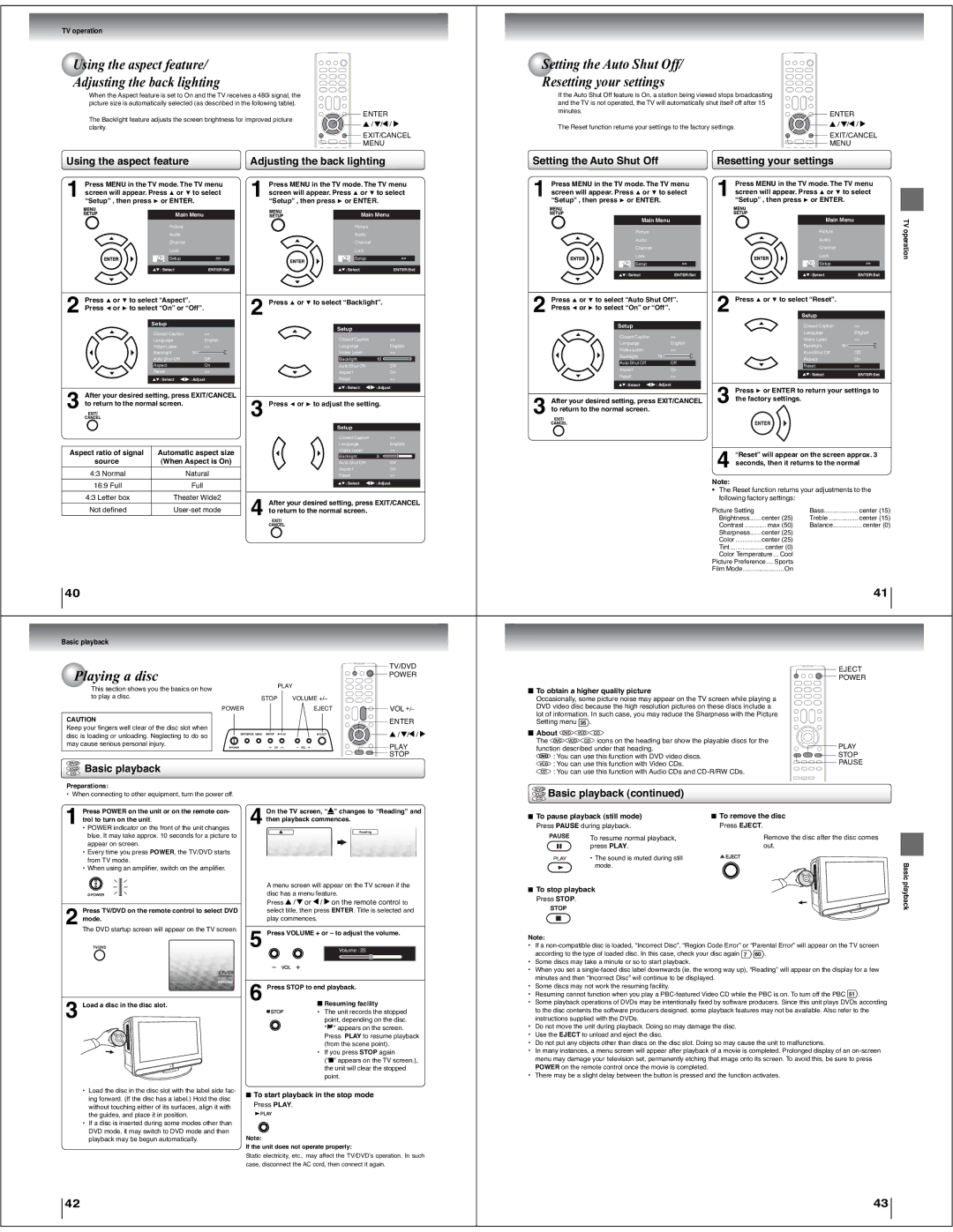 Toshiba 15LV505 Using the aspect feature Adjusting the back lighting, Setting the Auto Shut Off Resetting your settings 