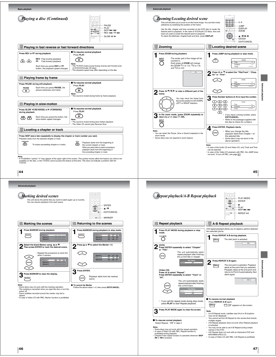 Toshiba 15LV505 service manual Zooming/Locating desired scene, Marking desired scenes, Repeat playback/A-B Repeat playback 