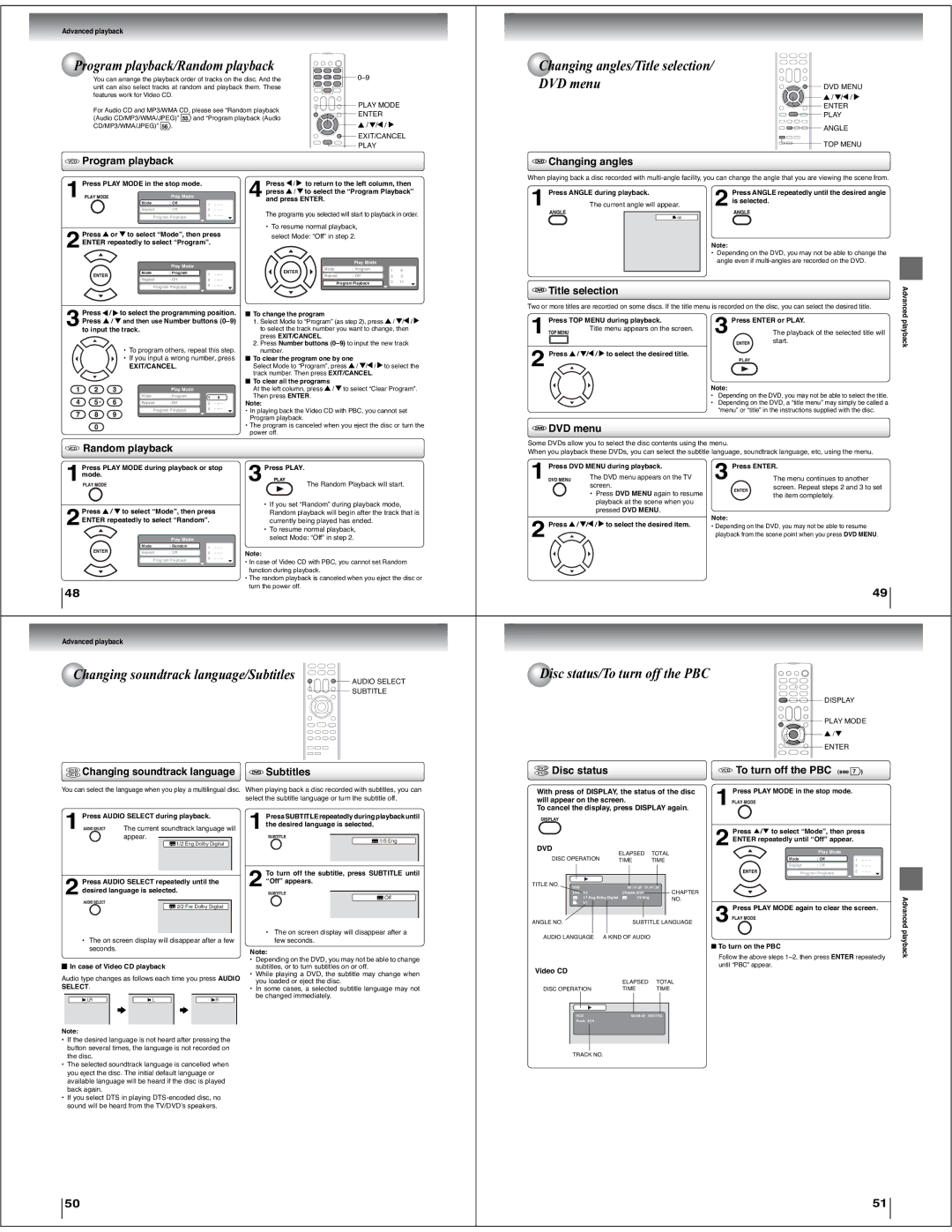 Toshiba 15LV505 service manual Program playback/Random playback, Changing angles/Title selection DVD menu 