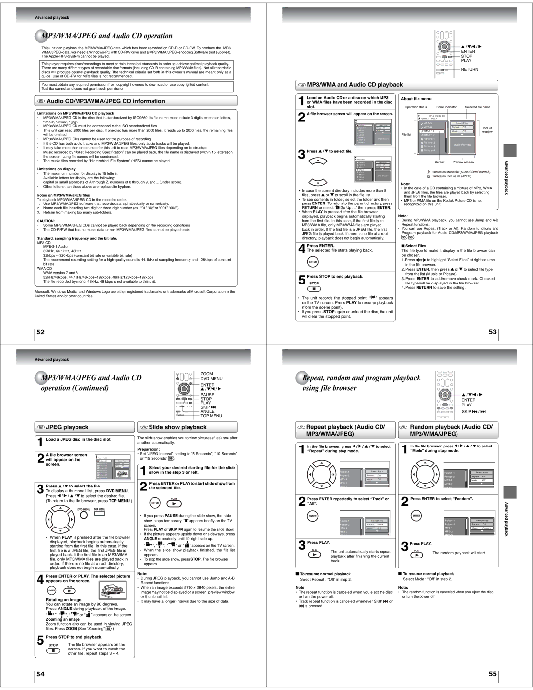 Toshiba 15LV505 MP3/WMA/JPEG and Audio CD operation, Operation, Repeat, random and program playback using file browser 