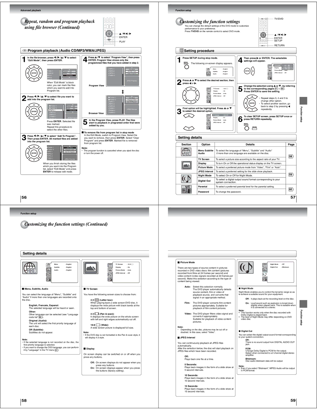 Toshiba 15LV505 Customizing the function settings, CD Program playback Audio CD/MP3/WMA/JPEG, VCD Setting procedure 