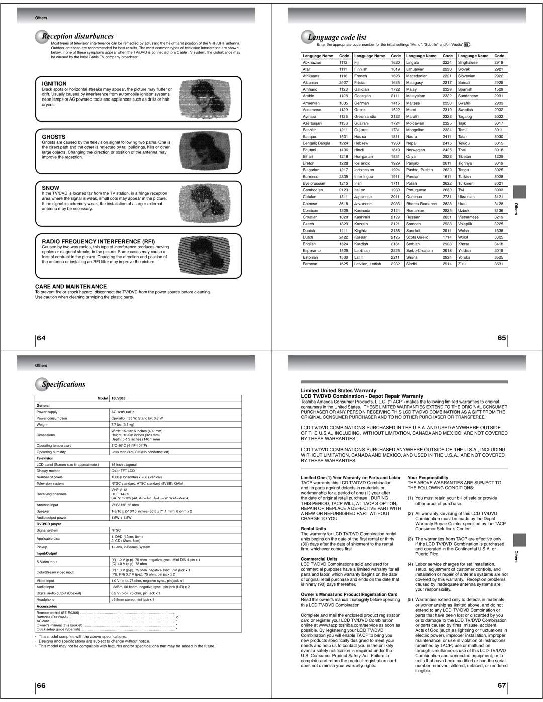 Toshiba 15LV505 service manual Reception disturbances, Specifications, Language code list, Language Name Code 