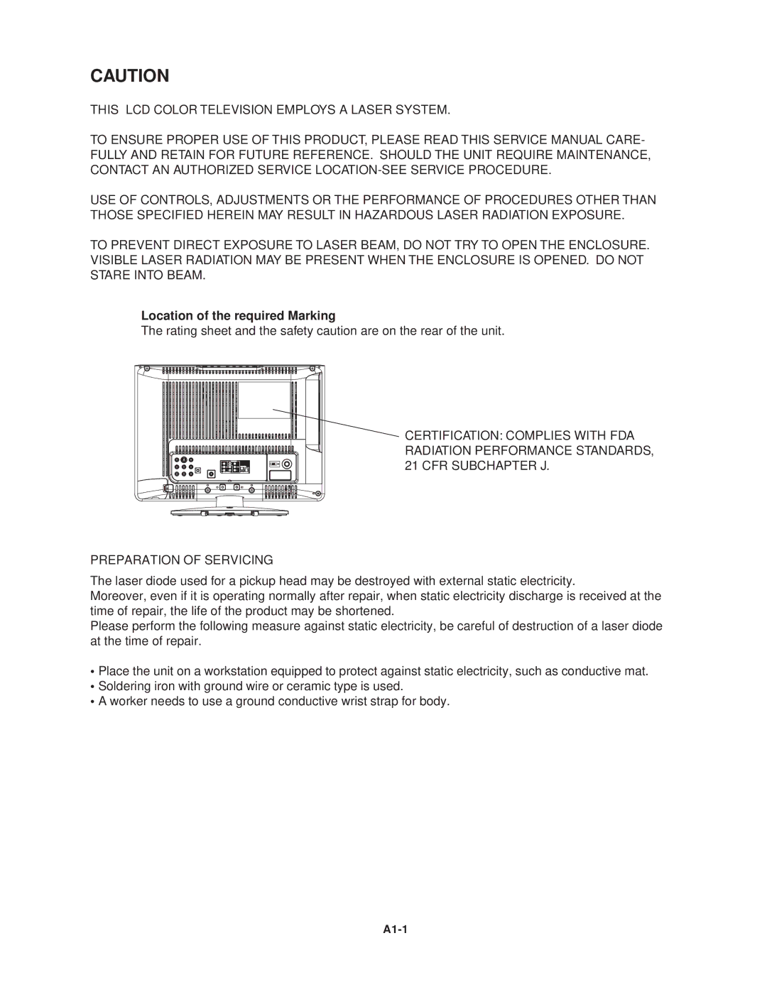 Toshiba 15LV505 service manual Location of the required Marking, A1-1 