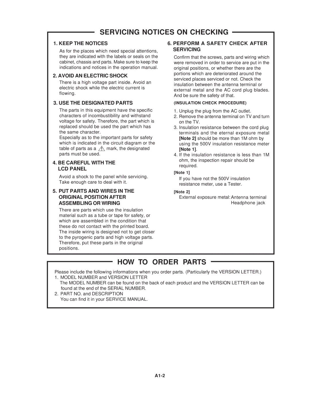 Toshiba 15LV505 service manual Servicing Notices on Checking, HOW to Order Parts, A1-2 