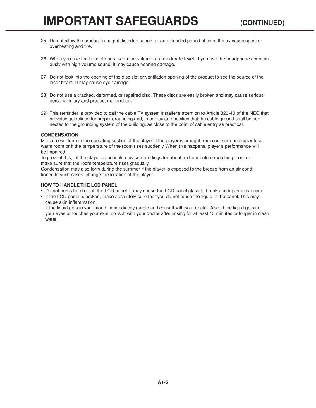 Toshiba 15LV505 service manual Condensation, HOW to Handle the LCD Panel, A1-5 