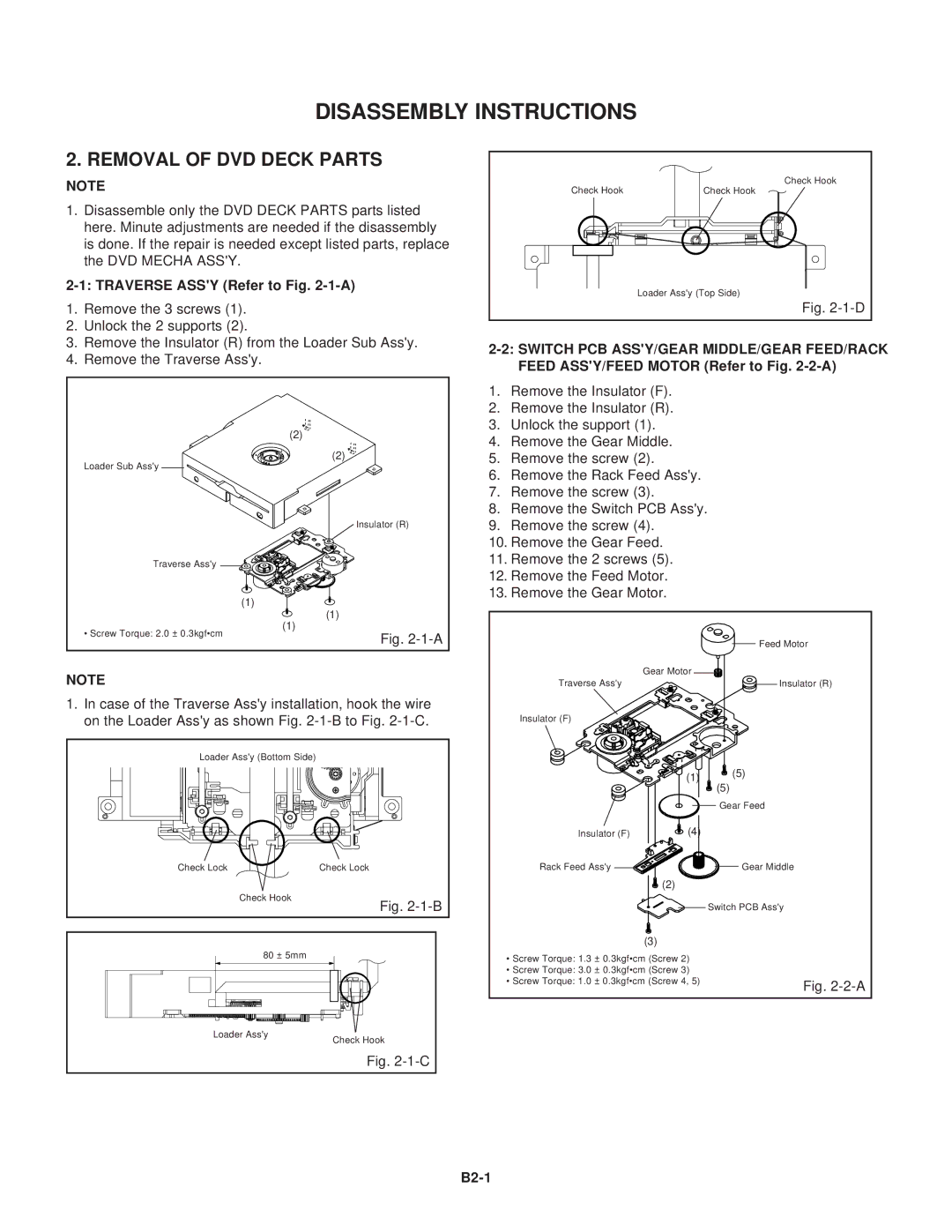 Toshiba 15LV505 service manual Traverse Assy Refer to -1-A, Switch PCB ASSY/GEAR MIDDLE/GEAR FEED/RACK, B2-1 