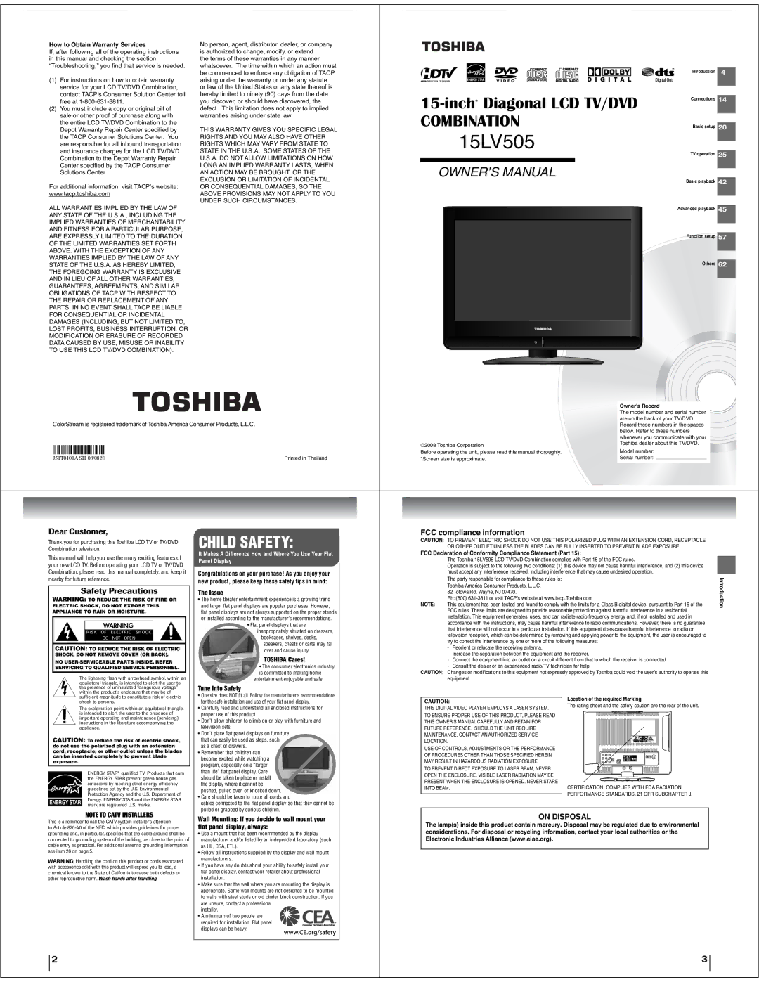 Toshiba 15LV505 Owner·s Record, FCC Declaration of Conformity Compliance Statement Part, Location of the required Marking 