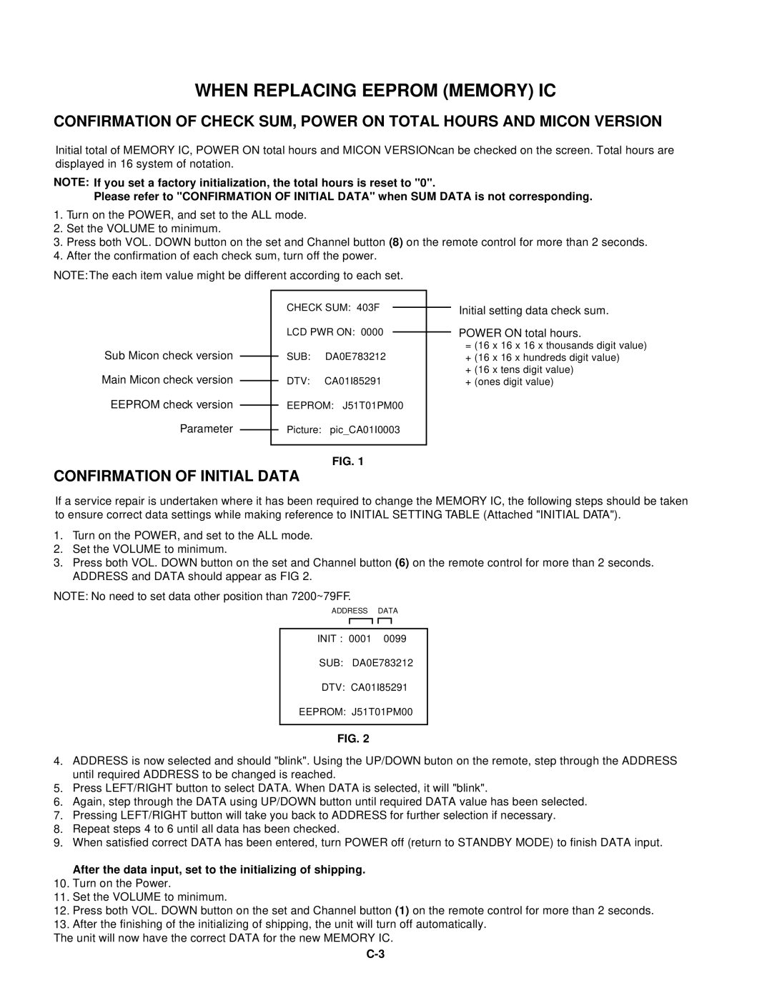 Toshiba 15LV505 service manual When Replacing Eeprom Memory IC, After the data input, set to the initializing of shipping 