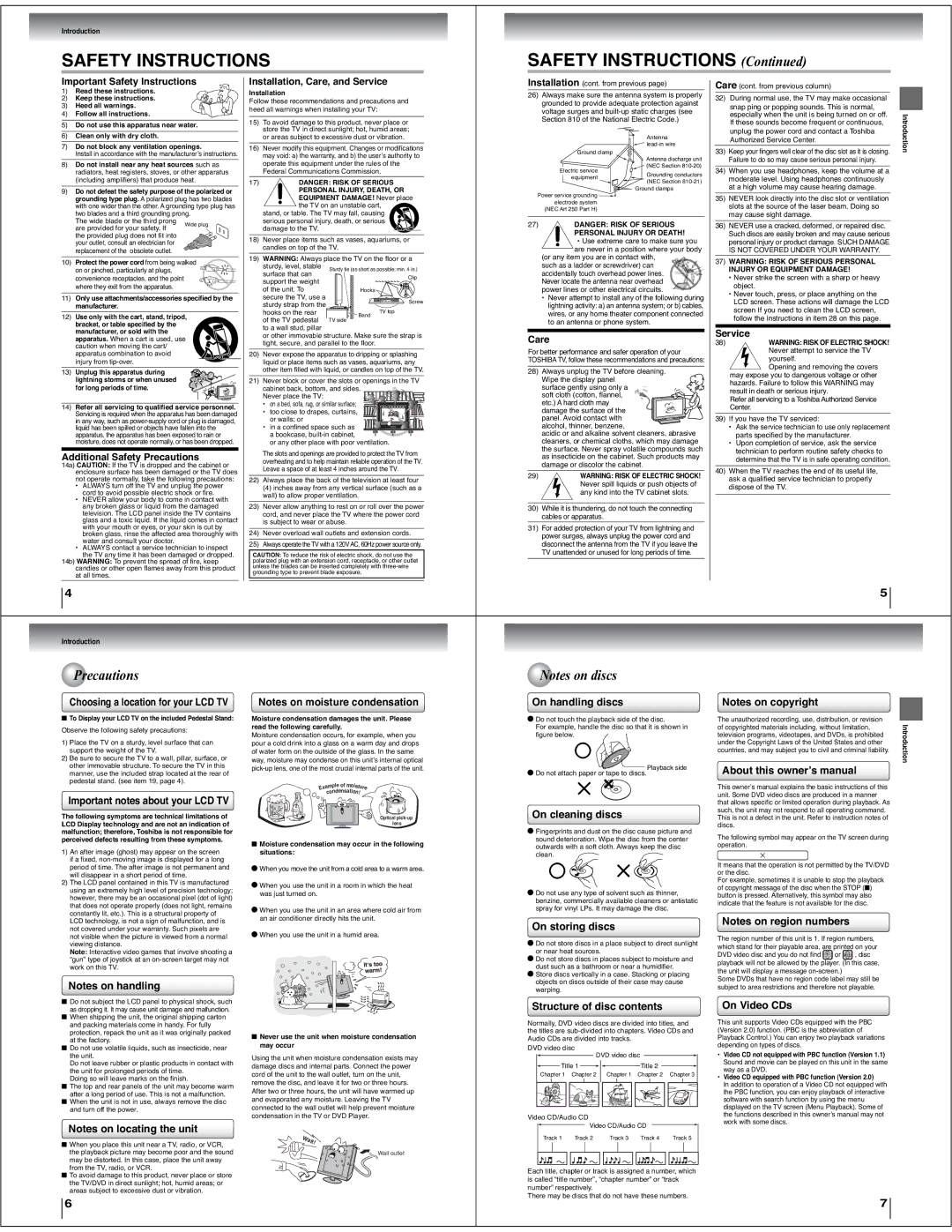 Toshiba 15LV505 service manual Precautions 