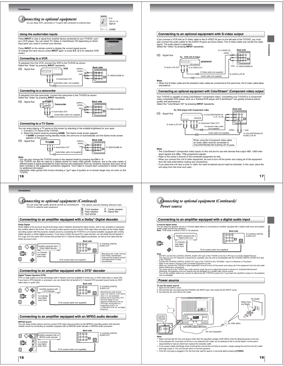 Toshiba 15LV505 Connecting to optional equipment Power source, Connecting to an optional equipment with S-video output 