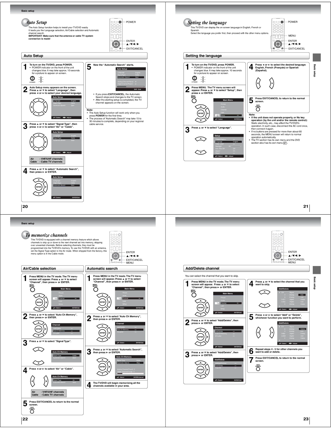 Toshiba 15LV505 service manual Auto Setup, Setting the language, To memorize channels 