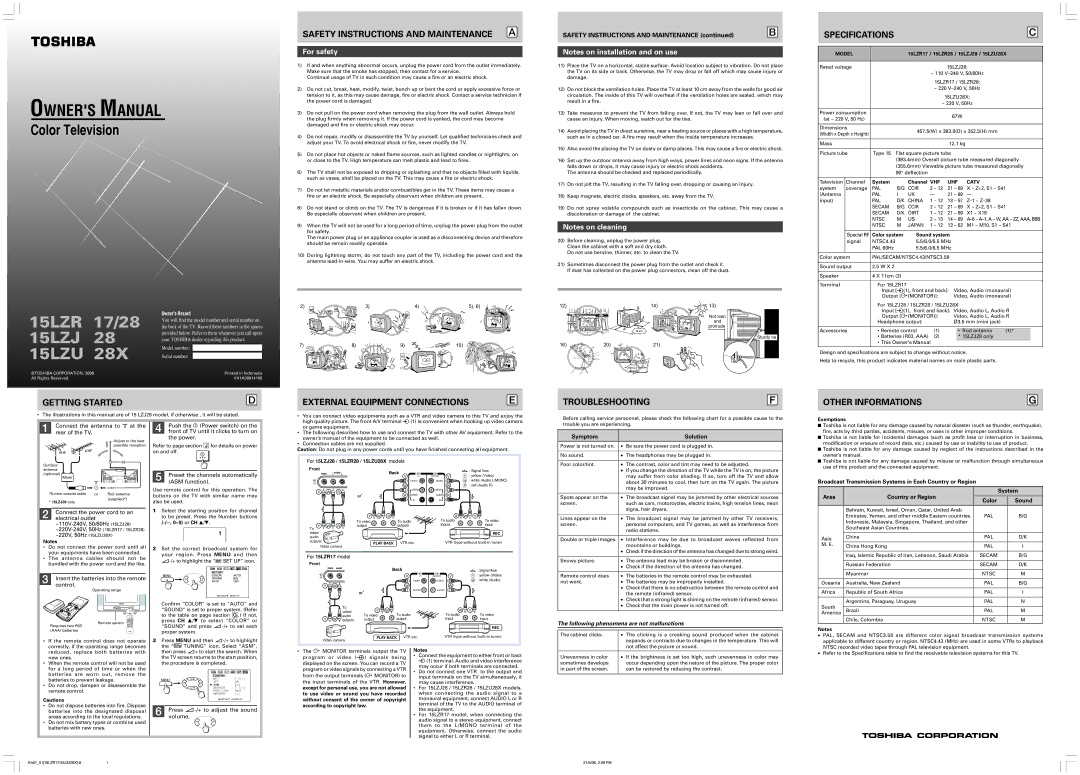 Toshiba 15LZR28 specifications Safety Instructions and Maintenance, Specifications, Getting Started, Troubleshooting 