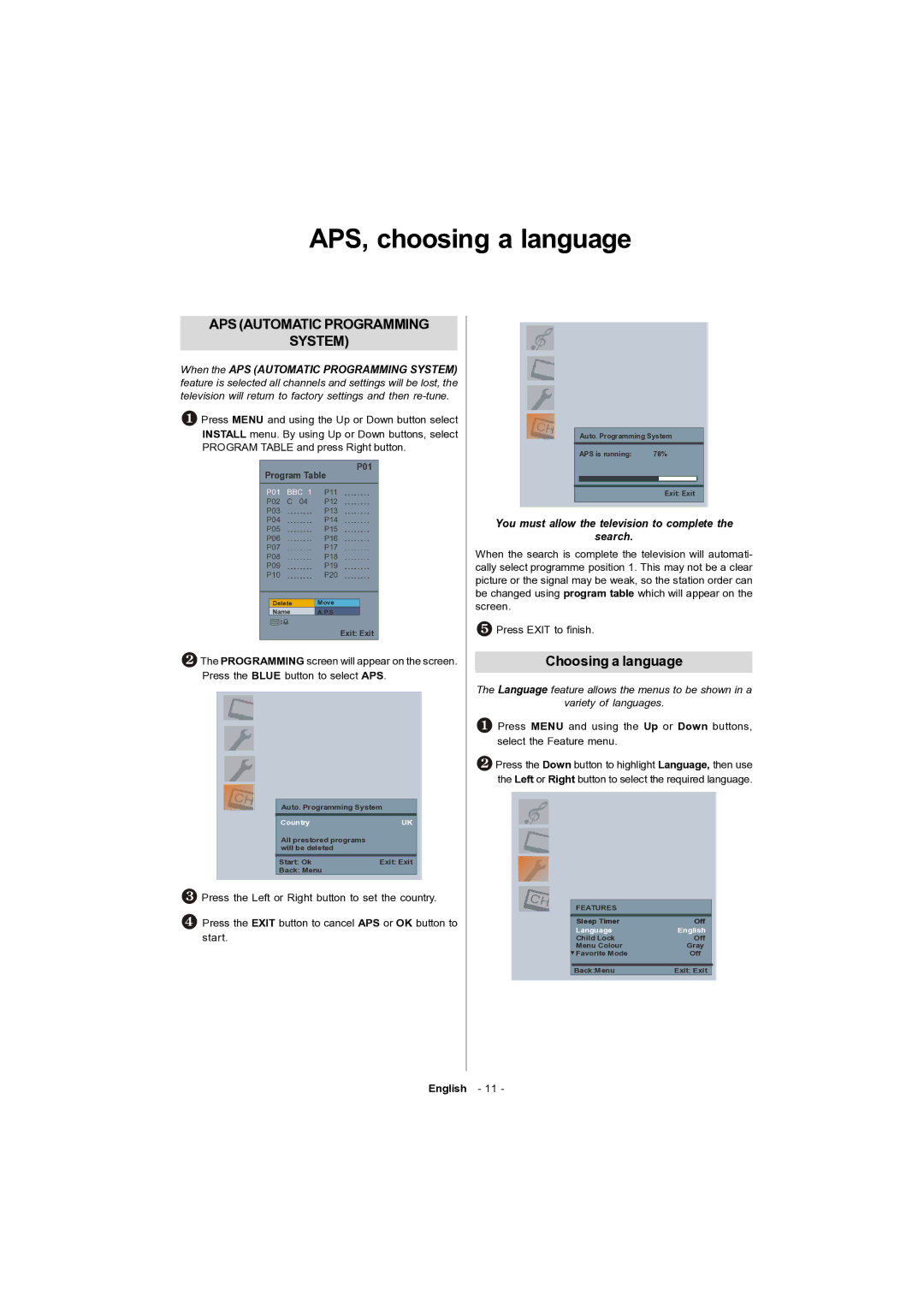 Toshiba 15v300PG owner manual APS, choosing a language, Choosing a language 