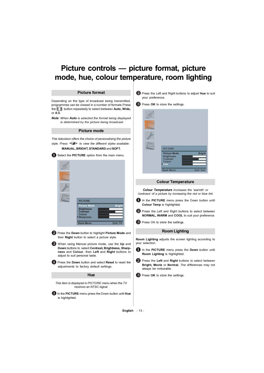 Toshiba 15v300PG owner manual Picture format, Picture mode, Hue, Colour Temperature, Room Lighting 