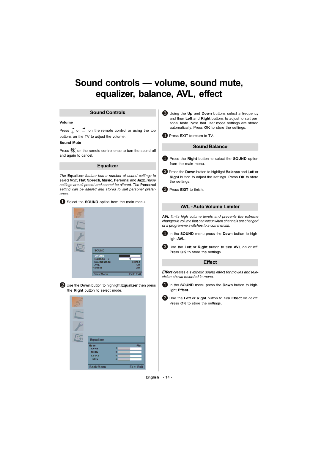 Toshiba 15v300PG owner manual Sound Controls, Equalizer, Sound Balance, AVL Auto Volume Limiter, Effect 