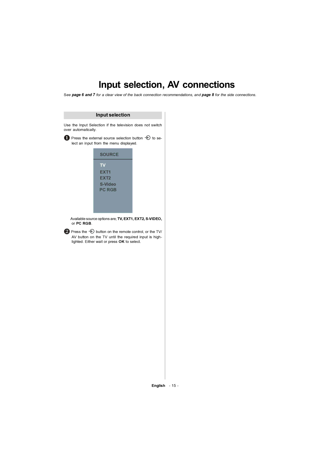 Toshiba 15v300PG owner manual Input selection, AV connections 