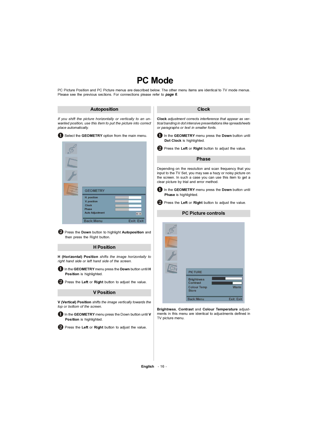 Toshiba 15v300PG owner manual PC Mode, Autoposition Clock, Position, Phase, PC Picture controls 