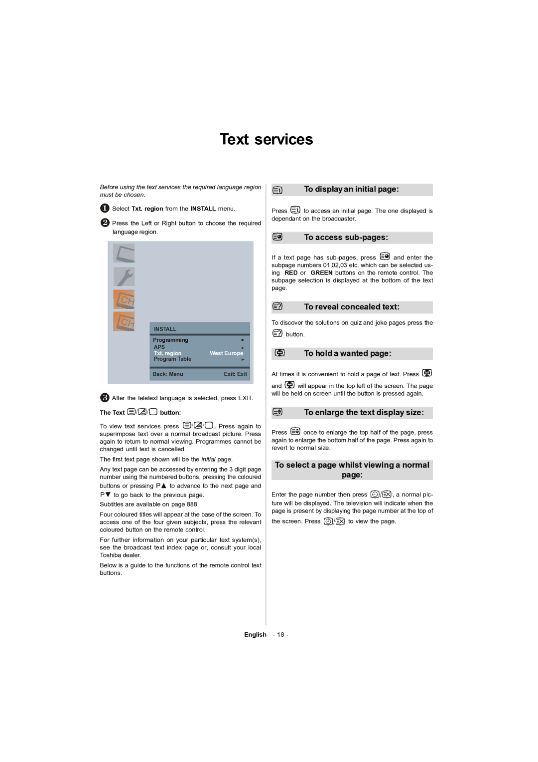 Toshiba 15v300PG owner manual Text services 