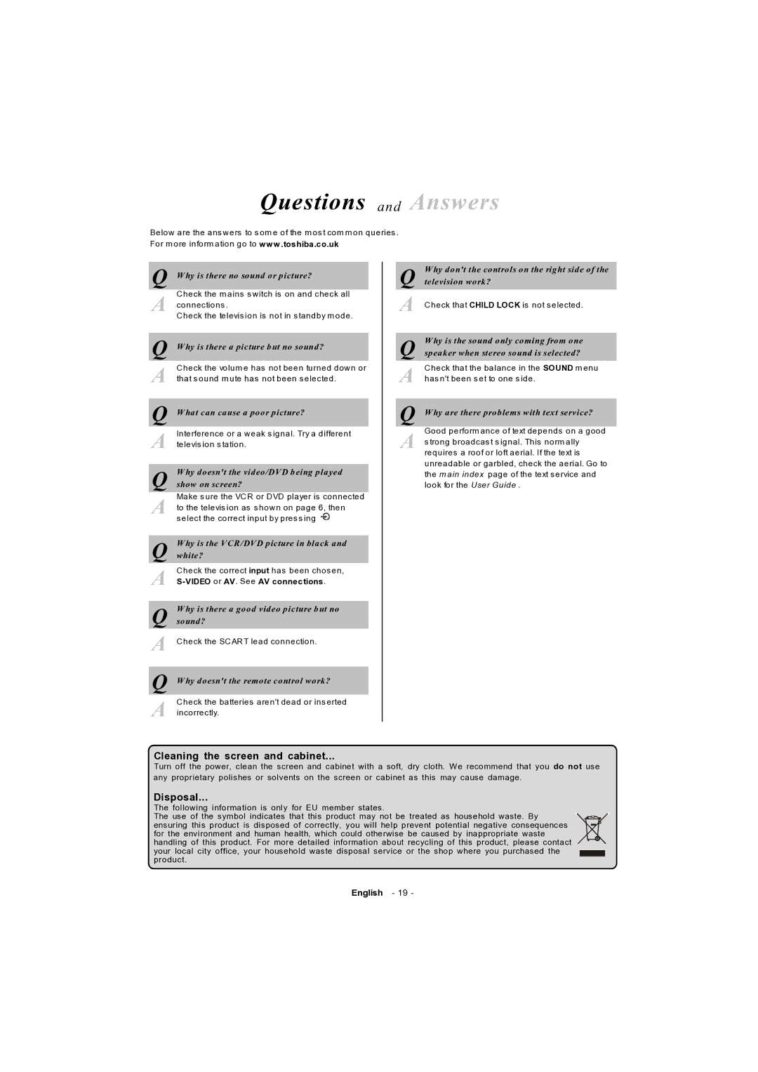 Toshiba 15v300PG owner manual Questions and Answers, Video or AV . See AV connections 