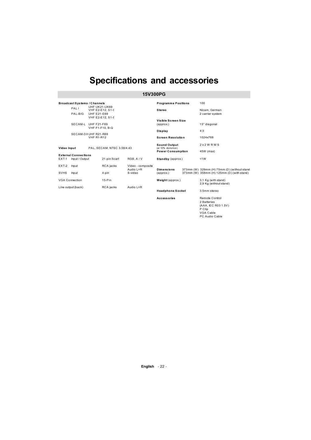 Toshiba 15v300PG owner manual Specifications and accessories, 15V300PG 