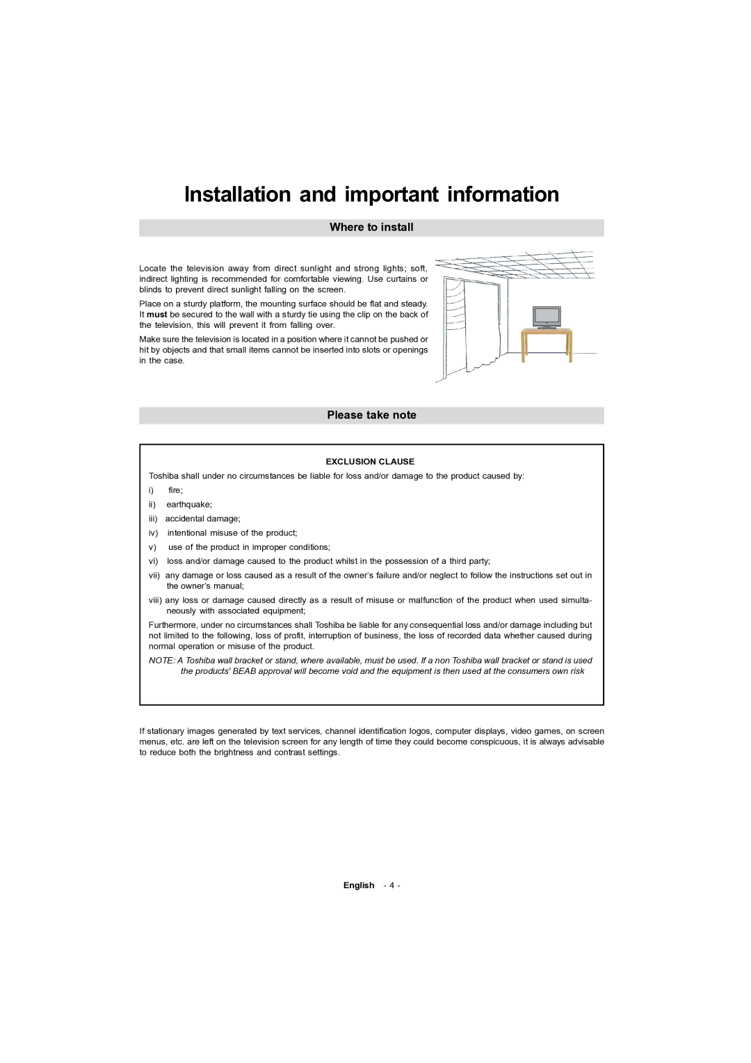 Toshiba 15v300PG owner manual Installation and important information, Where to install, Please take note 