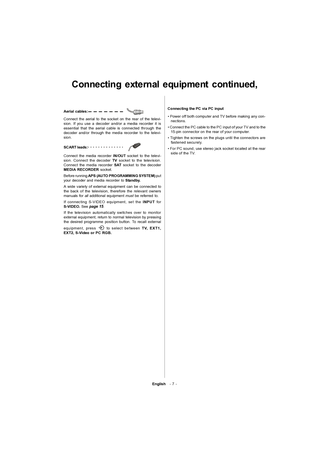 Toshiba 15v300PG owner manual Aerial cables, Scart leads, EXT2, S-Video or PC RGB Connecting the PC via PC input 