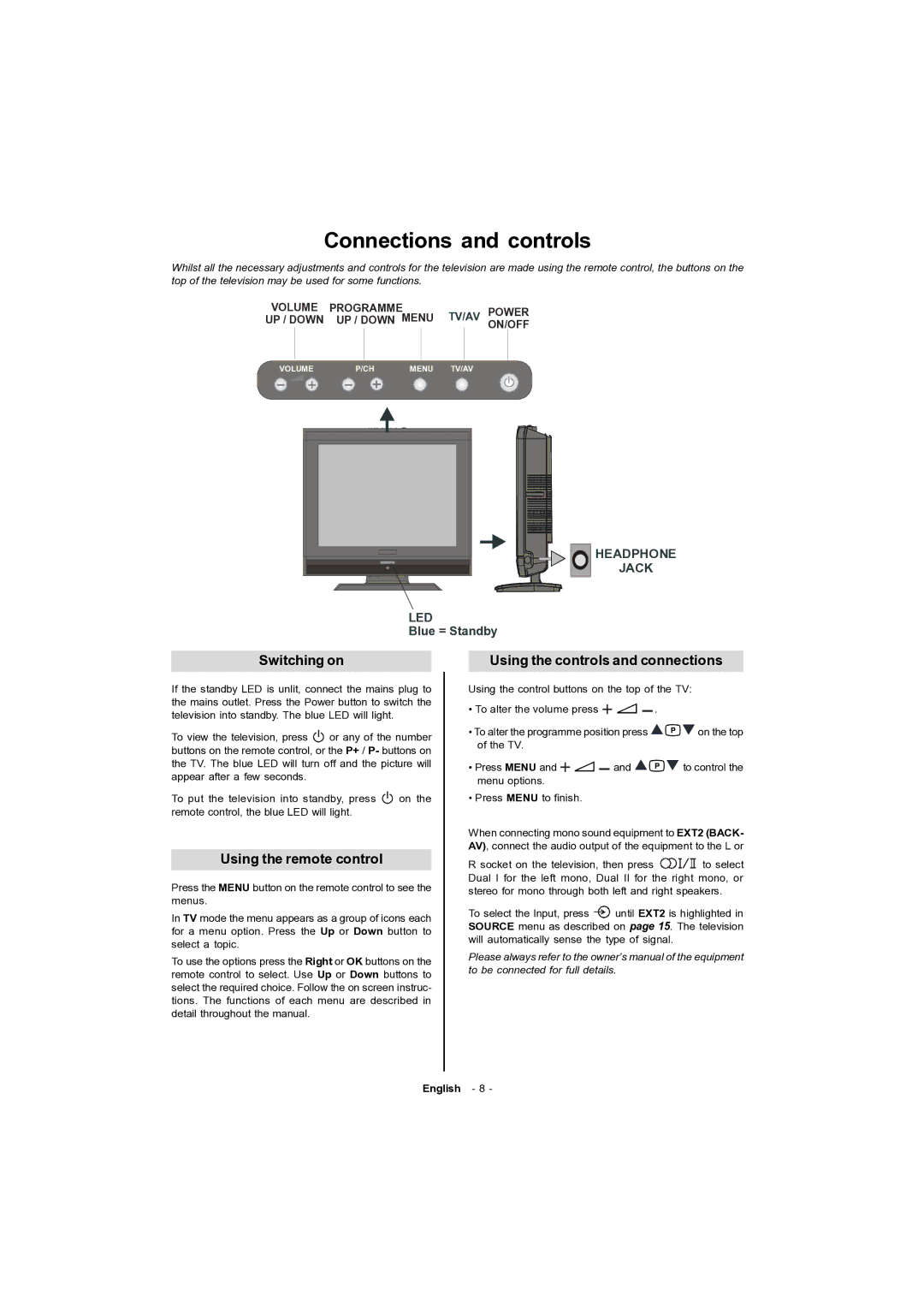 Toshiba 15v300PG owner manual Switching on, Using the remote control, Using the controls and connections 