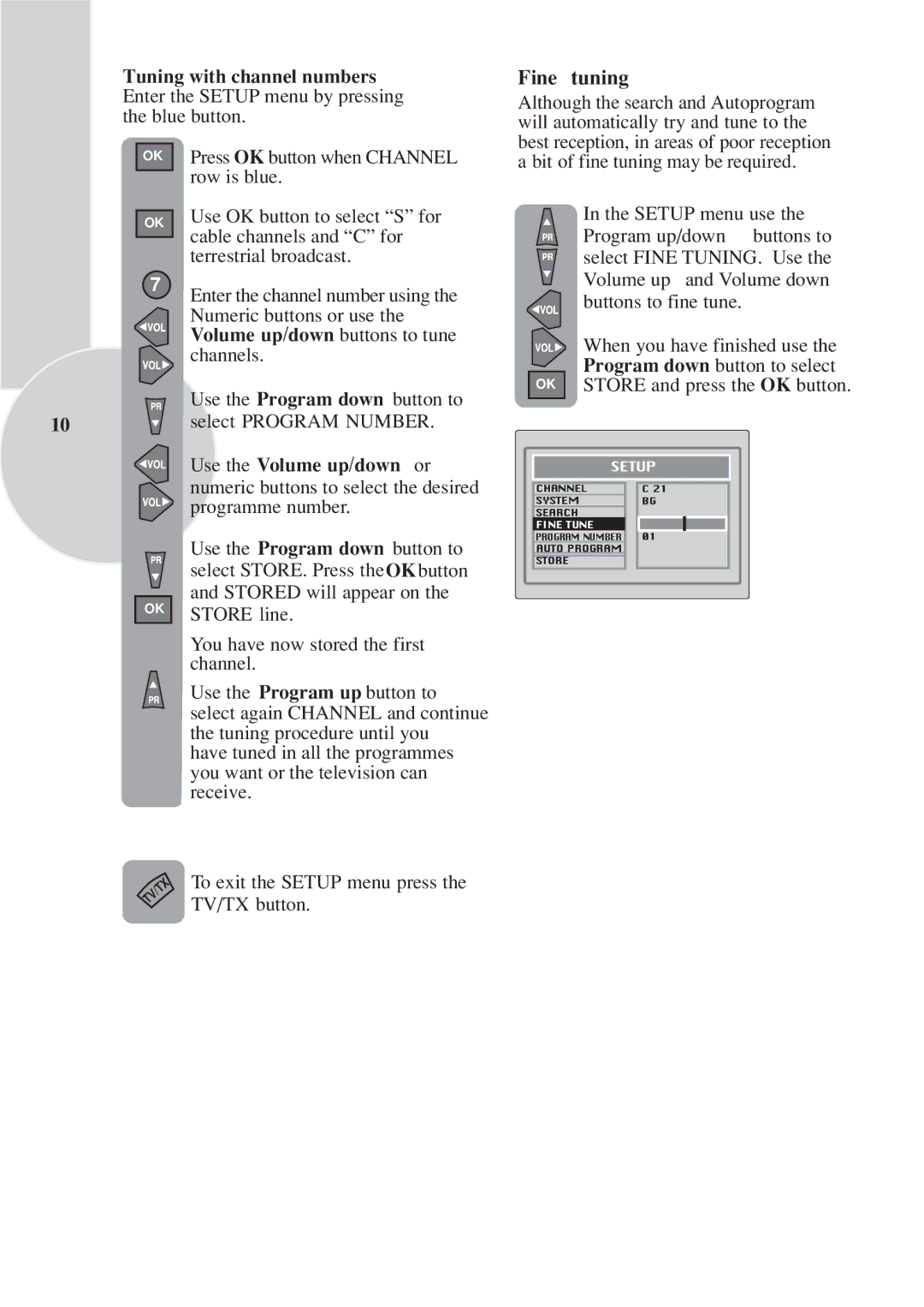 Toshiba 15VL33 owner manual Fine tuning, Tuning with channel numbers 